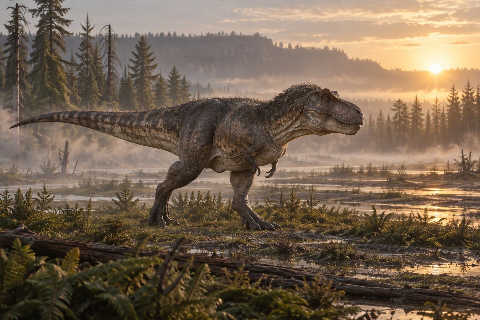 An adult Tyrannosaurus rex walking across a misty river floodplain at dawn