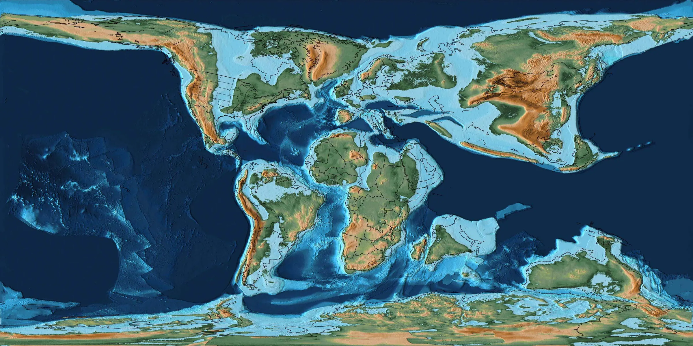 Map of the Earth 90 million years ago, during the Cretaceous.
